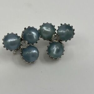Vintage Hobe Earrings Blue Iridescent Cluster Screw‎ Backs Silver Tone Signed